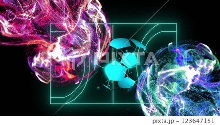 Image of yellow and blue particle networks and ball over blue neon handball court 123647181