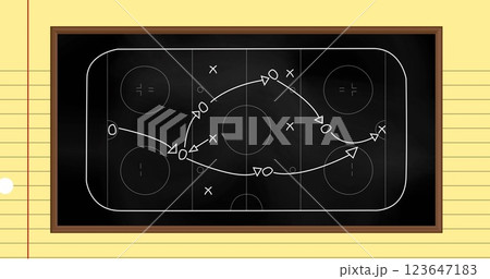 Image of ice hockey sports field with tactics and strategy drawings on ruled paper background 123647183