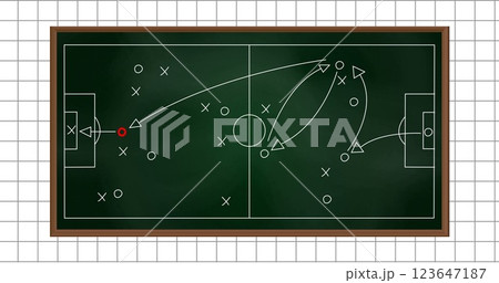 Image of football sports field with tactics and strategy drawings on ruled paper background 123647187