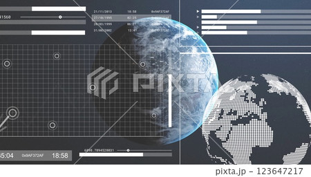 Image of digital data processing over globe on dark background Image of digital data processing over globe on dark background 123647217
