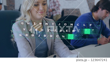 Image of data processing over diverse business people in office 123647241