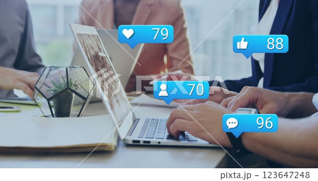 Image of financial data processing over diverse business people in office Image of financial data processing over diverse business people in office 123647248
