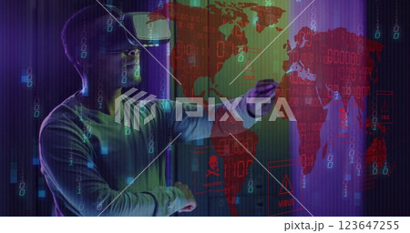 Image of world map and data processing over man wearing vr headset and computer servers Image of world map and data processing over man wearing vr headset and computer servers 123647255