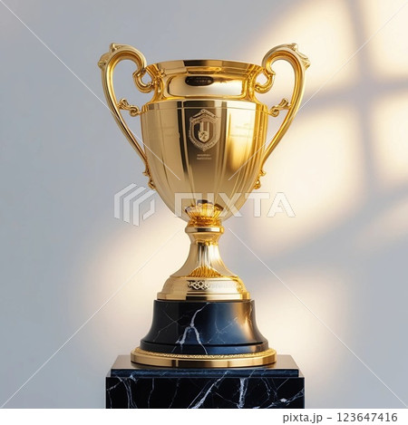 Elegant golden trophy on black marble pedestal. Elegant golden trophy on black marble pedestal. 123647416
