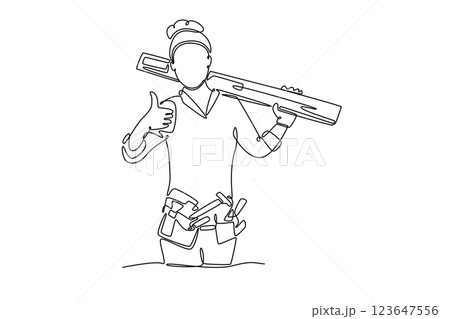 Single one line drawing of attractive carpenter woman carrying planks of wood on her shoulder with thumbs up gesture. Home construction concept. Continuous line draw design graphic vector illustration 123647556