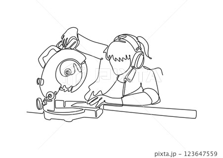 Single one line drawing carpenter woman using hearing protection, glasses and gloves while using circular saw to cutting wood plank in workshop. Continuous line draw design graphic vector illustration 123647559