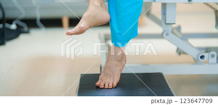 Senior asian Patient Woman step down and up the stairs bed in hospital. Female Elderly resting after surgery. Illness, treatment, Insurance, Health care and medical, world day of Sick and Health day 123647709
