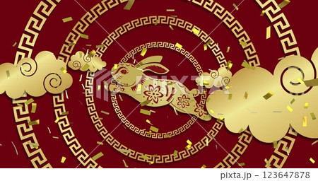 Image of chinese traditional decorations with rabbit and confetti on red background 123647878