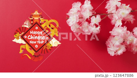 Image of new year greetings text over chinese traditional decorations on red background Image of new year greetings text over chinese traditional decorations on red background 123647886