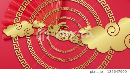 Image of chinese traditional decorations with rabbit on red background 123647900