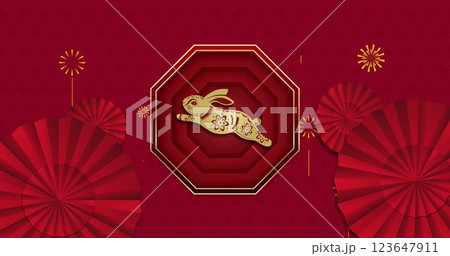 Image of chinese traditional decorations with rabbit on red background Image of chinese traditional decorations with rabbit on red background 123647911