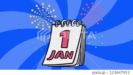 Image of 1 jan text on calendar with blue stripes spinning background Image of 1 jan text on calendar with blue stripes spinning background 123647953