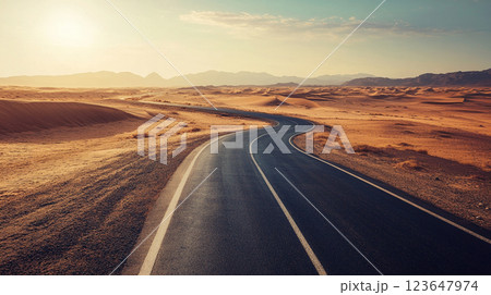winding road stretch toward the horizon background and surrounded by vast desert landscape 123647974