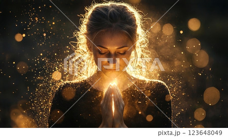 光に包まれ祈る女性 123648049