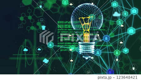 Image of digital lightbulb and media icons over chemical formula and data processing Image of digital lightbulb and media icons over chemical formula and data processing 123648421