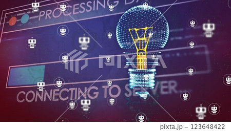 Image of digital lightbulb and robot icons over loading bar and data processing Image of digital lightbulb and robot icons over loading bar and data processing 123648422