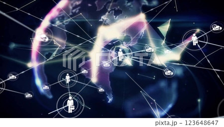 Image of network of connections with icons over globe 123648647