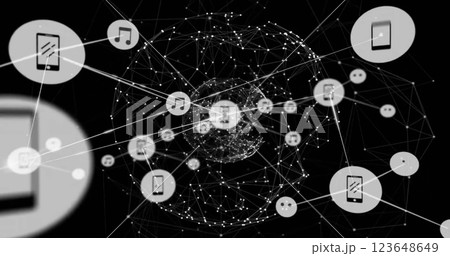 Image of network of connections with icons over globe 123648649