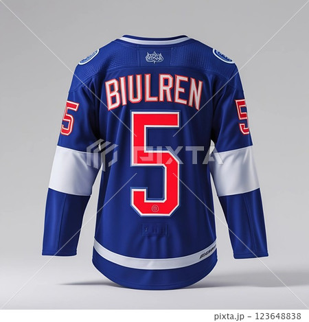 Blue hockey jersey with red and white accents. Blue hockey jersey with red and white accents. 123648838