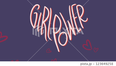 Image of girl power text and red hearts icons floating on blue background 123649258