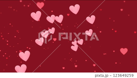 Image of pink hearts icons floating on red background Image of pink hearts icons floating on red background 123649259
