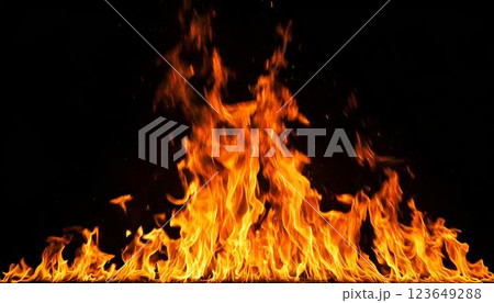 火事やバトル、戦争、山火事のイメージ 燃え上がる炎のテクスチャ背景 黒背景のリアルな火 火事やバトル、戦争、山火事のイメージ 燃え上がる炎のテクスチャ背景 黒背景のリアルな火 123649288