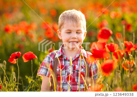 A small boy with an eye condition enjoys exploring the plants while playing in the field A small boy with an eye condition enjoys exploring the plants while playing in the field 123649338