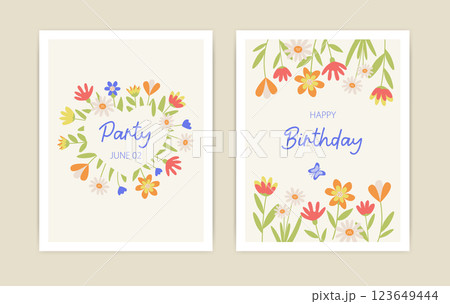 Botanical collection of postcards with decorative floral ornaments, in the form of a heart and a floral frame, with a place for the text. An elegant set of vector layouts for invitations, posters. Botanical collection of postcards with decorative floral ornaments, in the form of a heart and a floral frame, with a place for the text. An elegant set of vector layouts for invitations, posters. 123649444