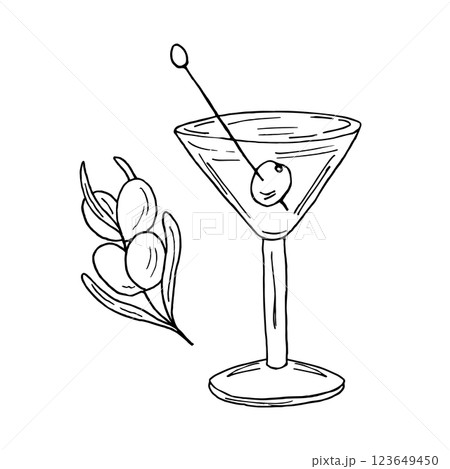 A glass with a drink and olives. Healthy drink with olives fruits. A summer refresher. Vector illustration in doodle style. For menus of bars, restaurants, and prints. 123649450