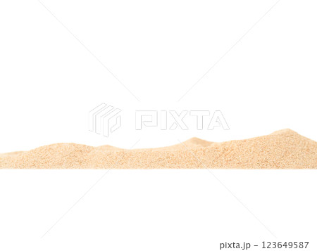 Sand Beach Isolated White Background Texture Summer Desert Zen Garden Coast Ocean for Vacation, Hot Summer Tropical Scene Chill Nature, Summer Time Yoga Holiday Dune Pile Dry Brown Heap Particle. 123649587