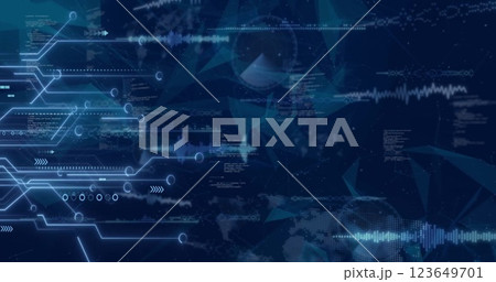 Image of circuit board and digital data processing over black background Image of circuit board and digital data processing over black background 123649701