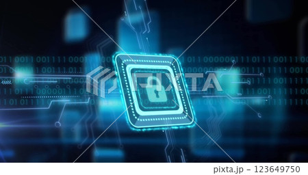 Image of padlock icon, binary coding data processing over circuit board Image of padlock icon, binary coding data processing over circuit board 123649750