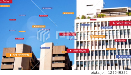 Social media notifications image over urban cityscape with modern buildings 123649822