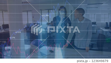 Image of charts and processing data over diverse male colleagues talking at casual office Image of charts and processing data over diverse male colleagues talking at casual office 123649879