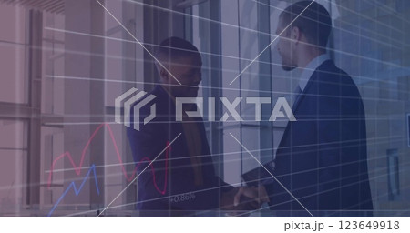 Image of financial data processing over diverse business people in office Image of financial data processing over diverse business people in office 123649918