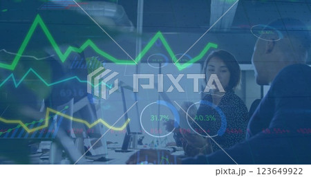 Image of charts processing data over diverse colleagues talking at casual office Image of charts processing data over diverse colleagues talking at casual office 123649922