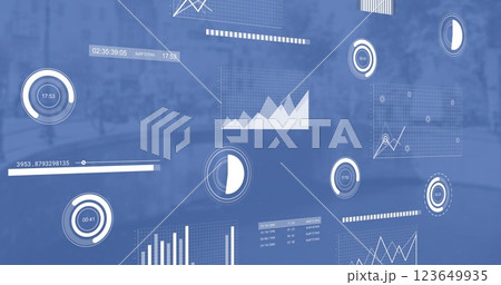 Image of charts processing data over blue cityscape 123649935
