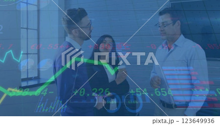 Image of charts processing data over diverse colleagues talking at casual office Image of charts processing data over diverse colleagues talking at casual office 123649936