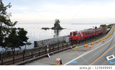 雨晴海岸と氷見線列車 123649945