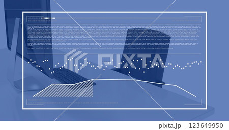 Image of interface with graph and processing data over office desk with computer 123649950