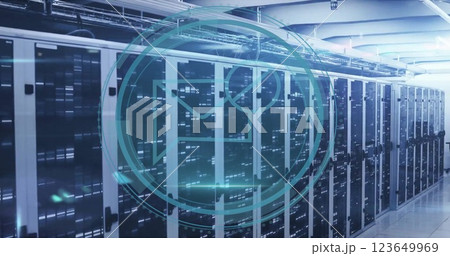 Image of cyber security text and scanner processing blocked mail message icon over server room 123649969