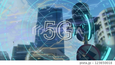 Image of 5g text, digital data processing over city Image of 5g text, digital data processing over city 123650018
