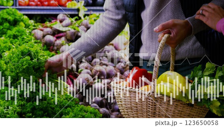 Image of data processing on diagram over caucasian man picking vegetables 123650058