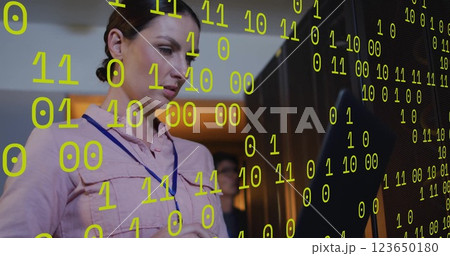Image of data processing over caucasian businesswoman using laptop in server room Image of data processing over caucasian businesswoman using laptop in server room 123650180