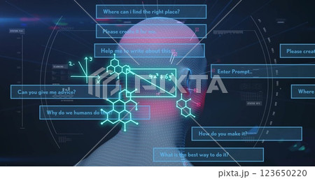 Scientific formulas and questions over image of human head and molecular structures 123650220