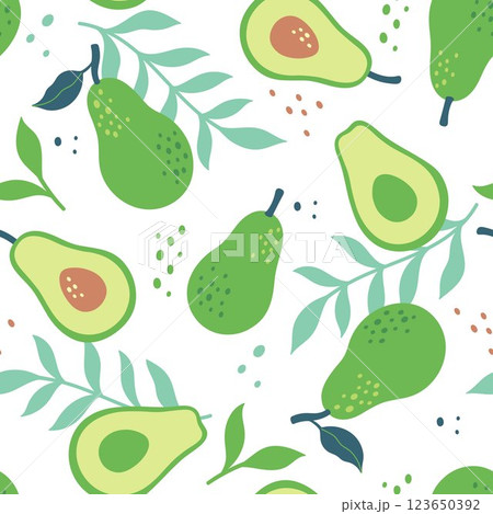 Simple seamless pattern with avocado and leaves. Vector graphics. Simple seamless pattern with avocado and leaves. Vector graphics. 123650392