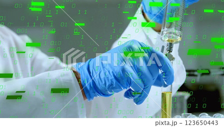 Image of binary coding and shapes over caucasian male scientist doing experiment in lab Image of binary coding and shapes over caucasian male scientist doing experiment in lab 123650443