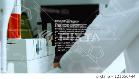 Image of data processing and chemical formula over caucasian male scientist using computer 123650444