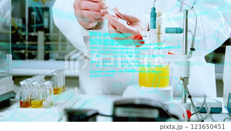 Image of data processing and chemical formula over caucasian male scientist taking sample 123650451
