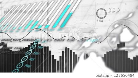 Financial data and bar chart image over world map and graphs 123650484